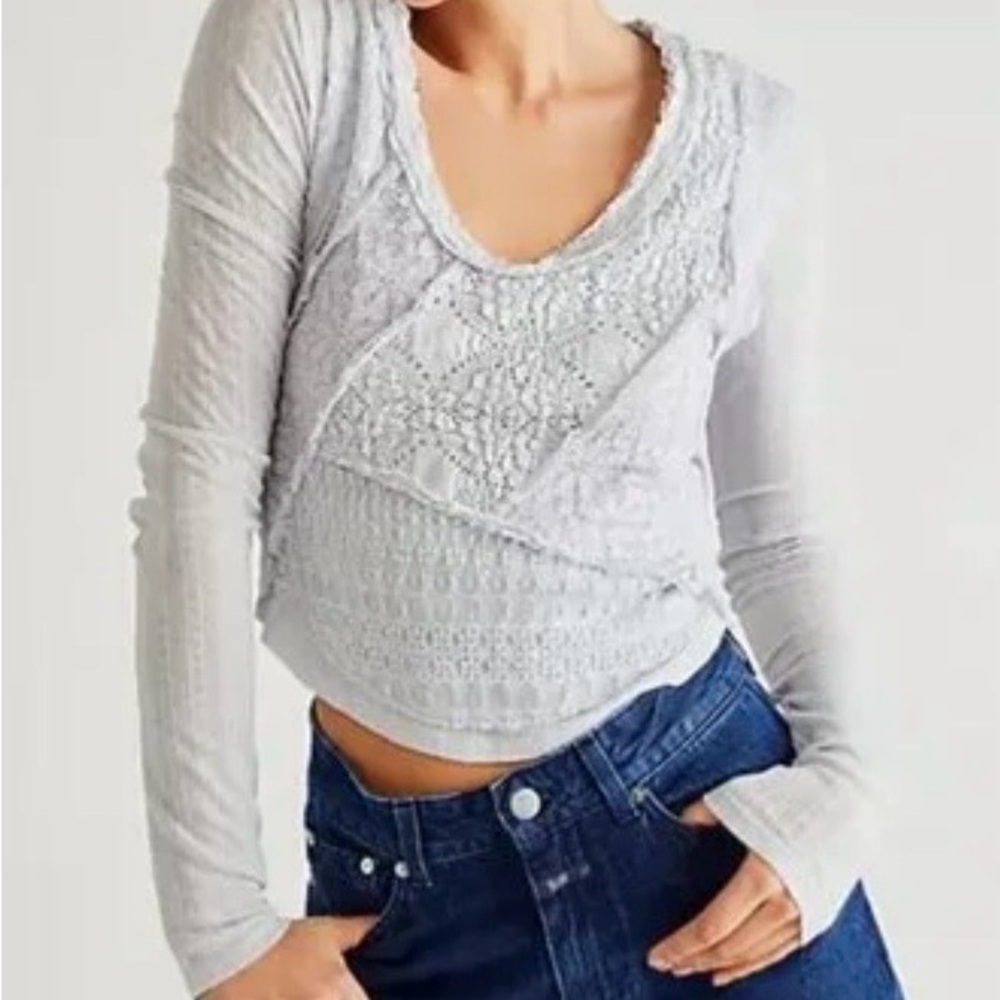 Free People Light Gray Lace Detail Long Sleeve Top